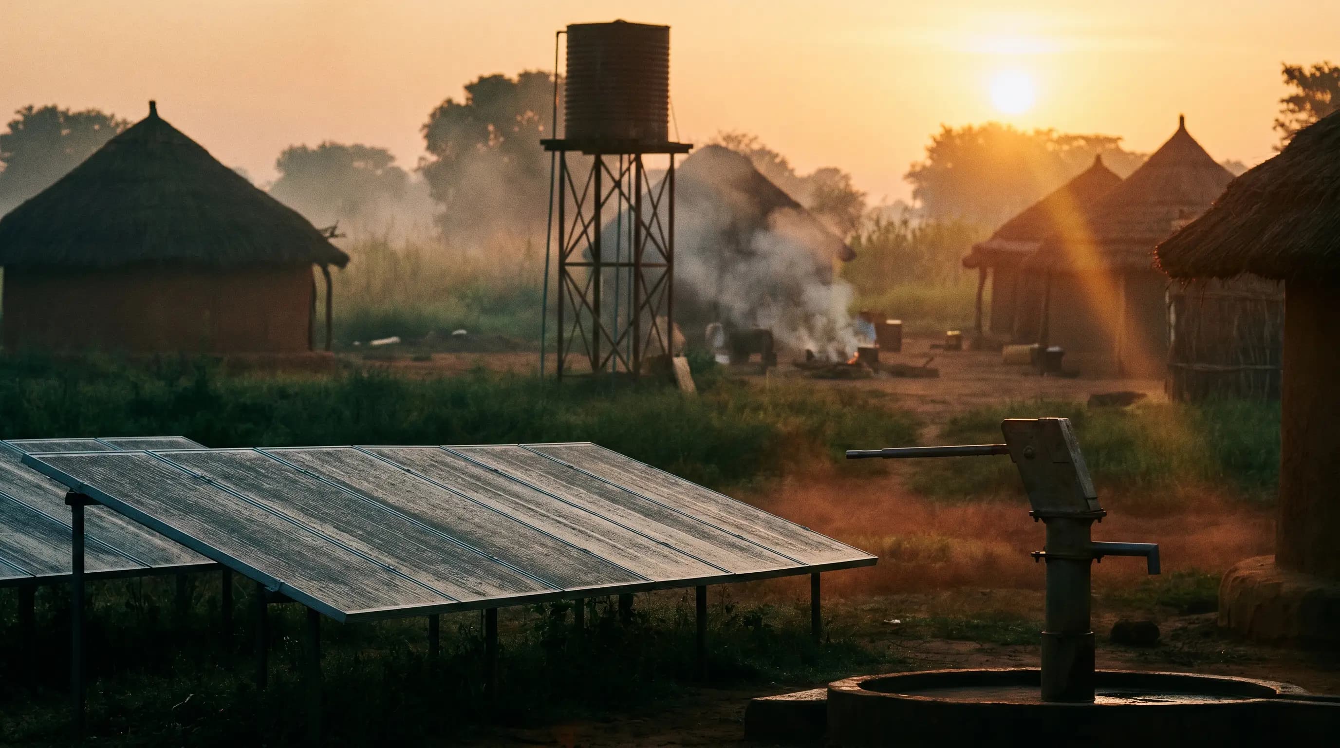 Panneaux solaires et forage au lever du jour